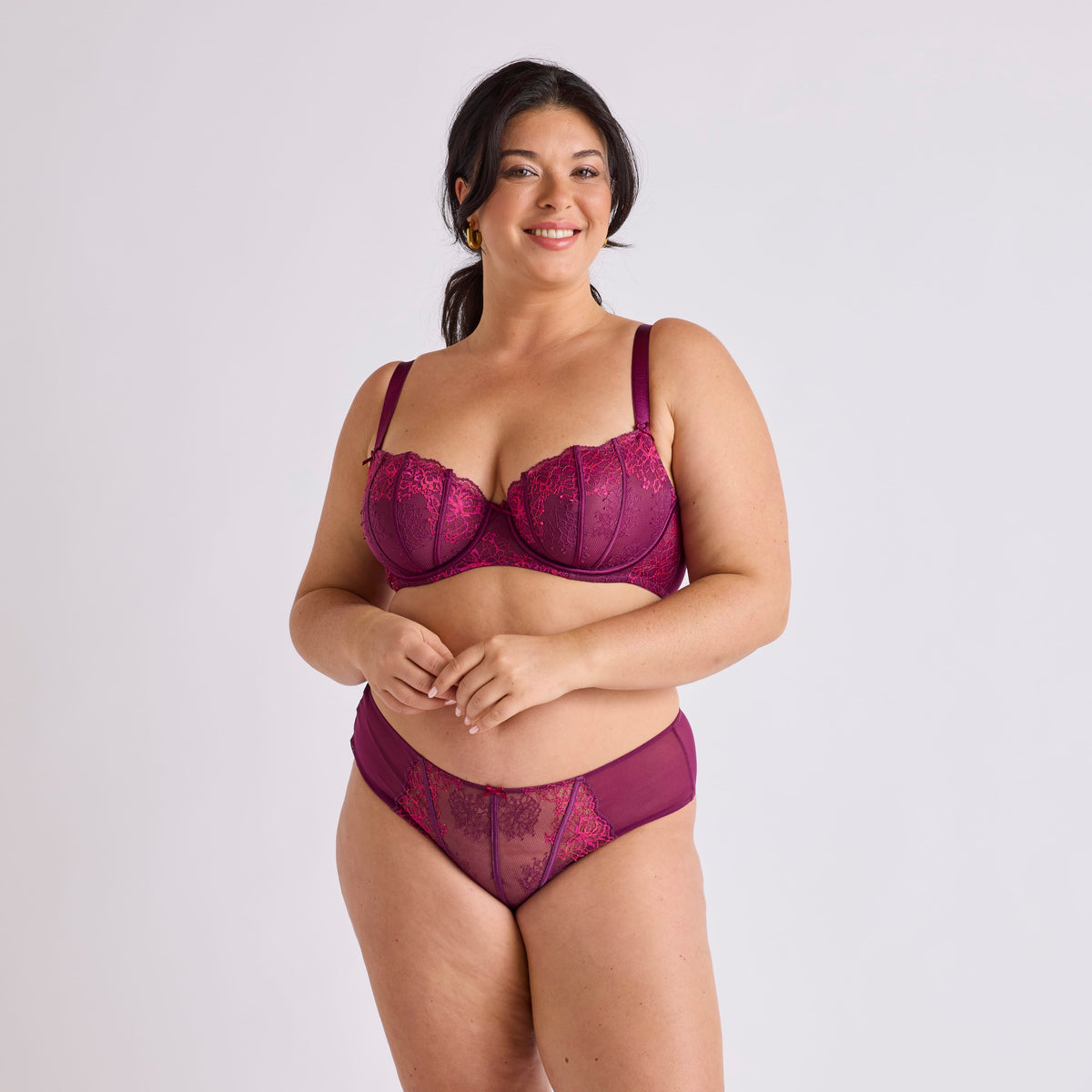 SHORTY TANGA GRANDE TAILLE DENTELLE TRICOLORE PRUNE | CŒUR